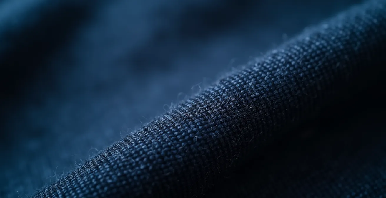 Detalle de textura de abrigo de lana azul marino con enfoque macro