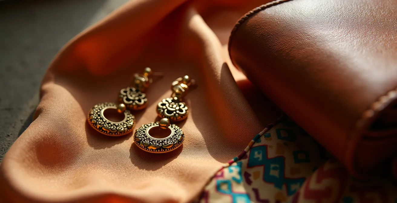 Detalle macro de pendientes artesanales dorados y pañuelo de seda estampado
