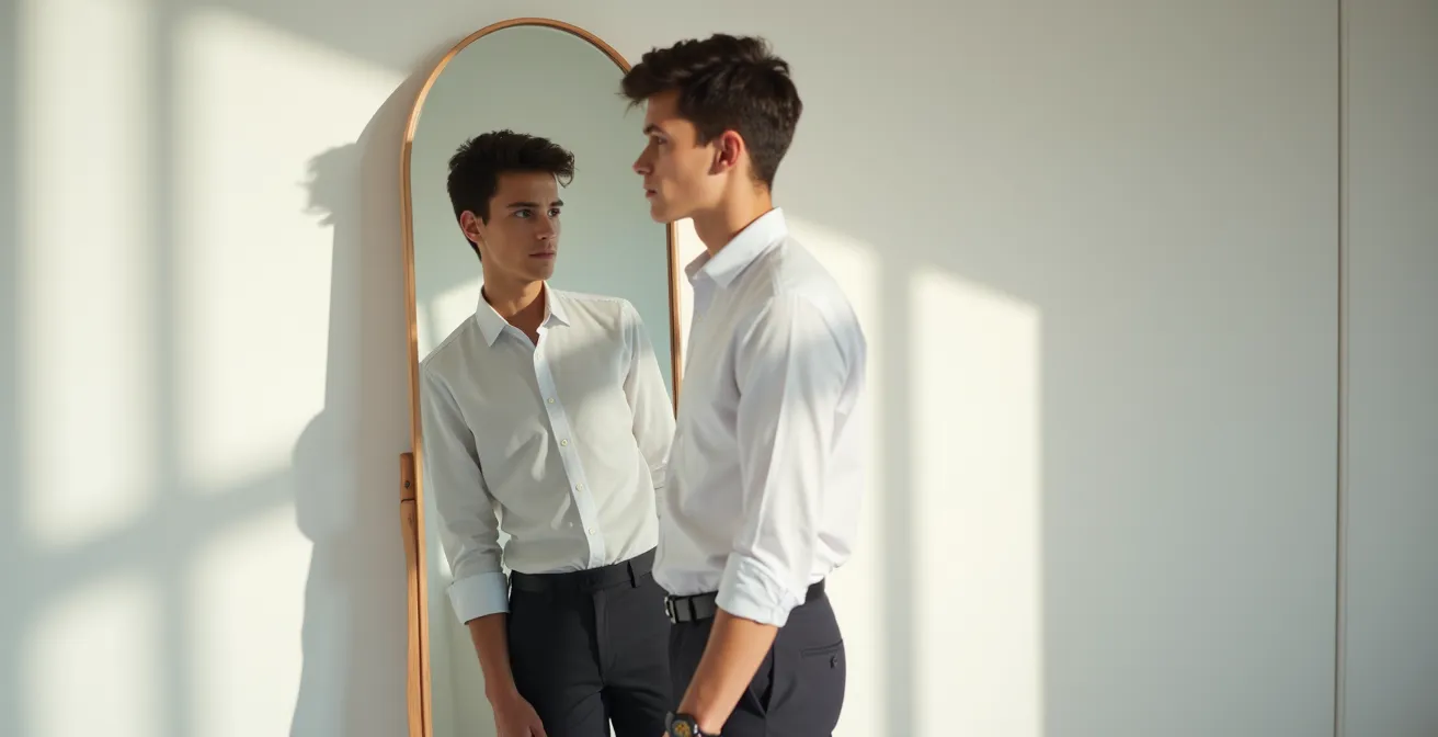 Joven preparándose para entrevista con outfit semi-formal apropiado