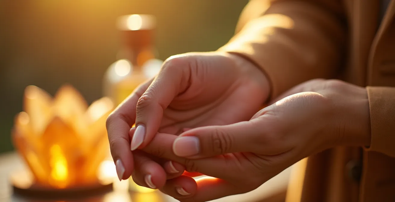 Manos aplicando fragancia en muñecas con técnica profesional en ambiente elegante