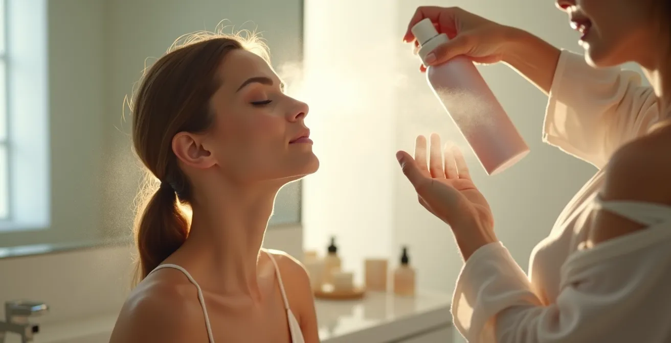 Aplicación de spray fijador de maquillaje en estudio profesional