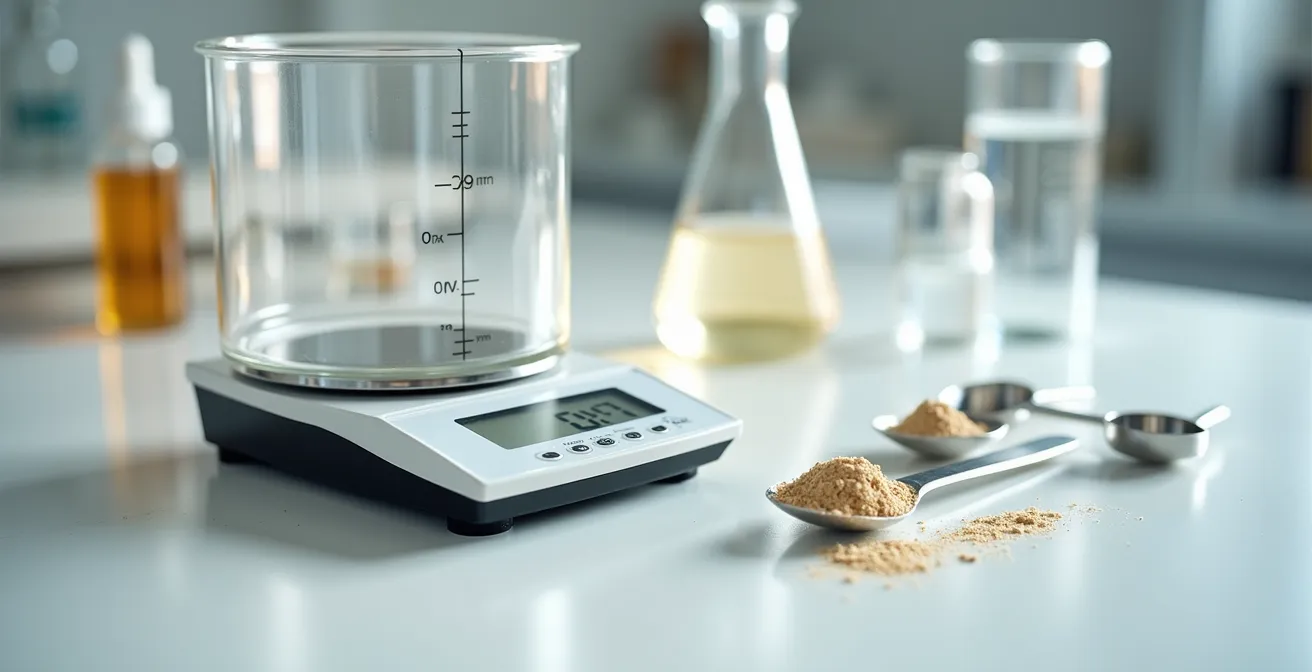 Balanza de precisión digital midiendo ingredientes cosméticos con pipetas y pequeños recipientes