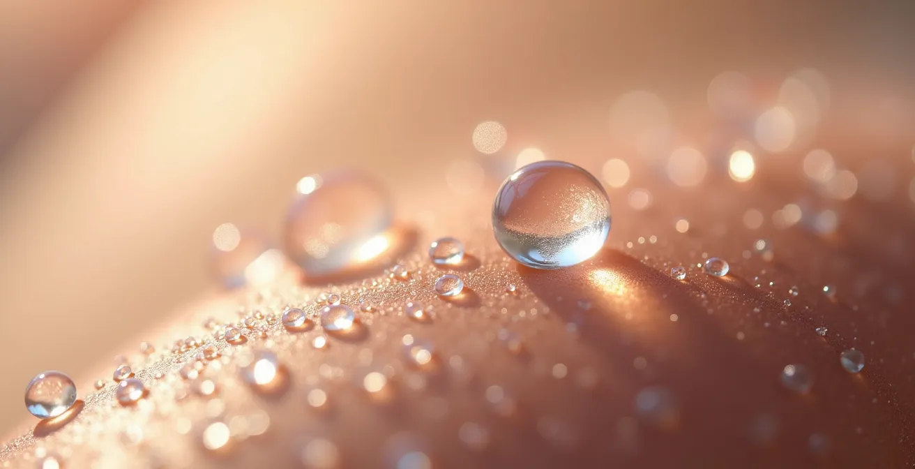 Primer plano de gotas de agua sobre piel hidratada mostrando barrera protectora natural