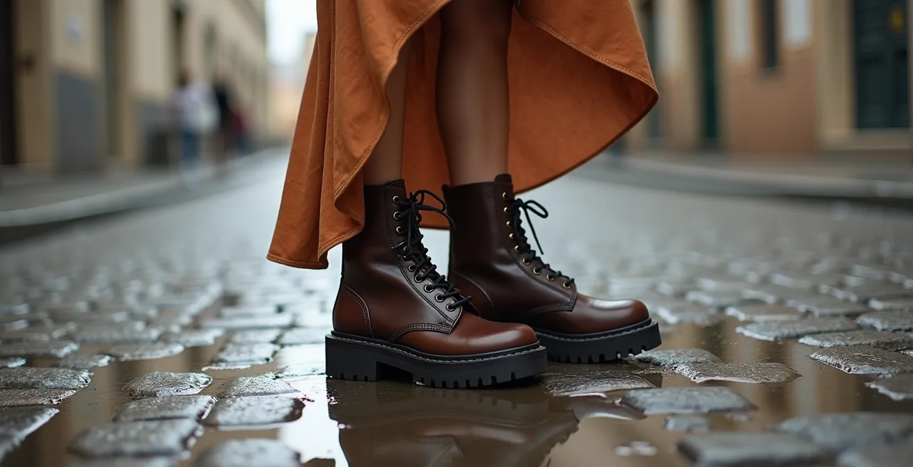 Botas de suela track con vestido largo elevado sobre charcos en calle lluviosa