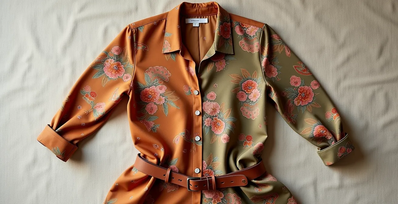 Conjunto bohemio equilibrado mostrando técnica de contraste de escala en estampados