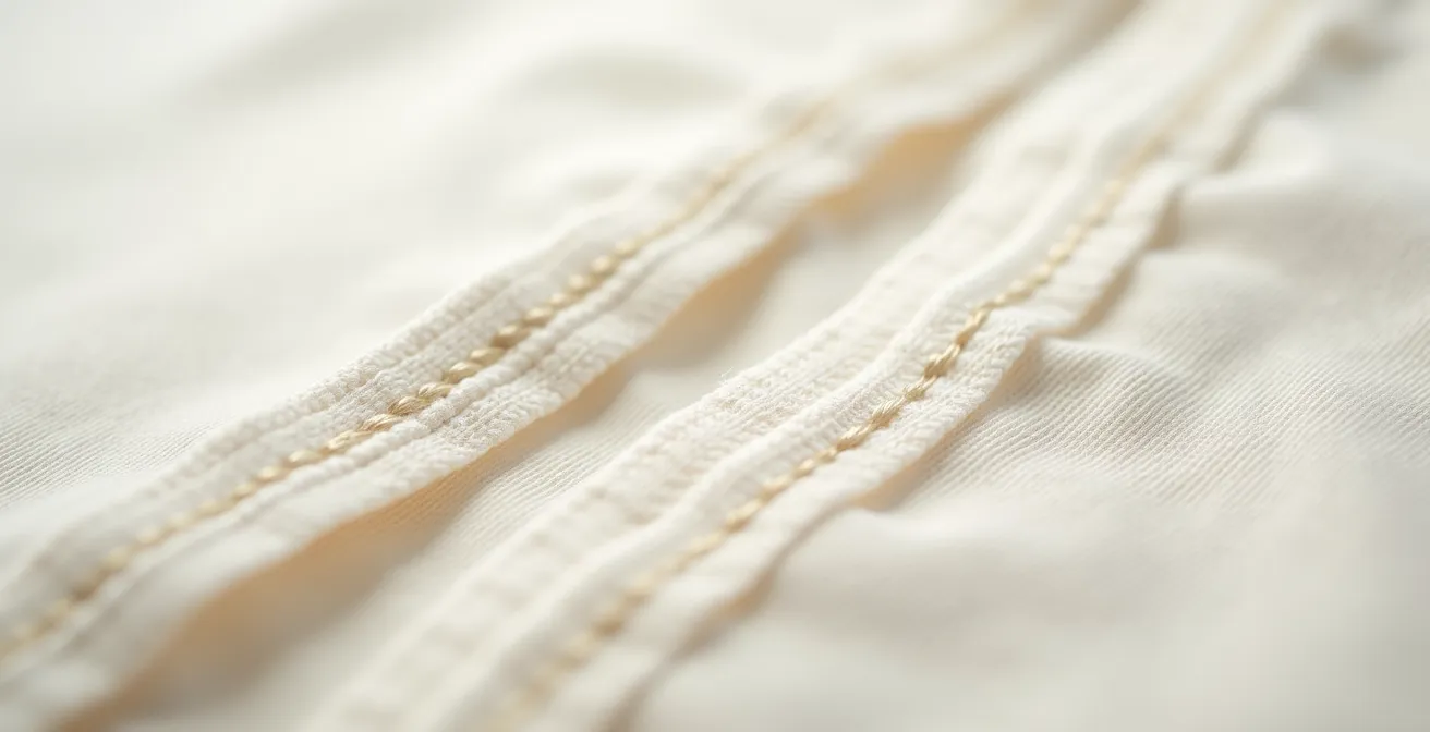 Detalle macro de costura plana versus costura tradicional en tejido de algodón