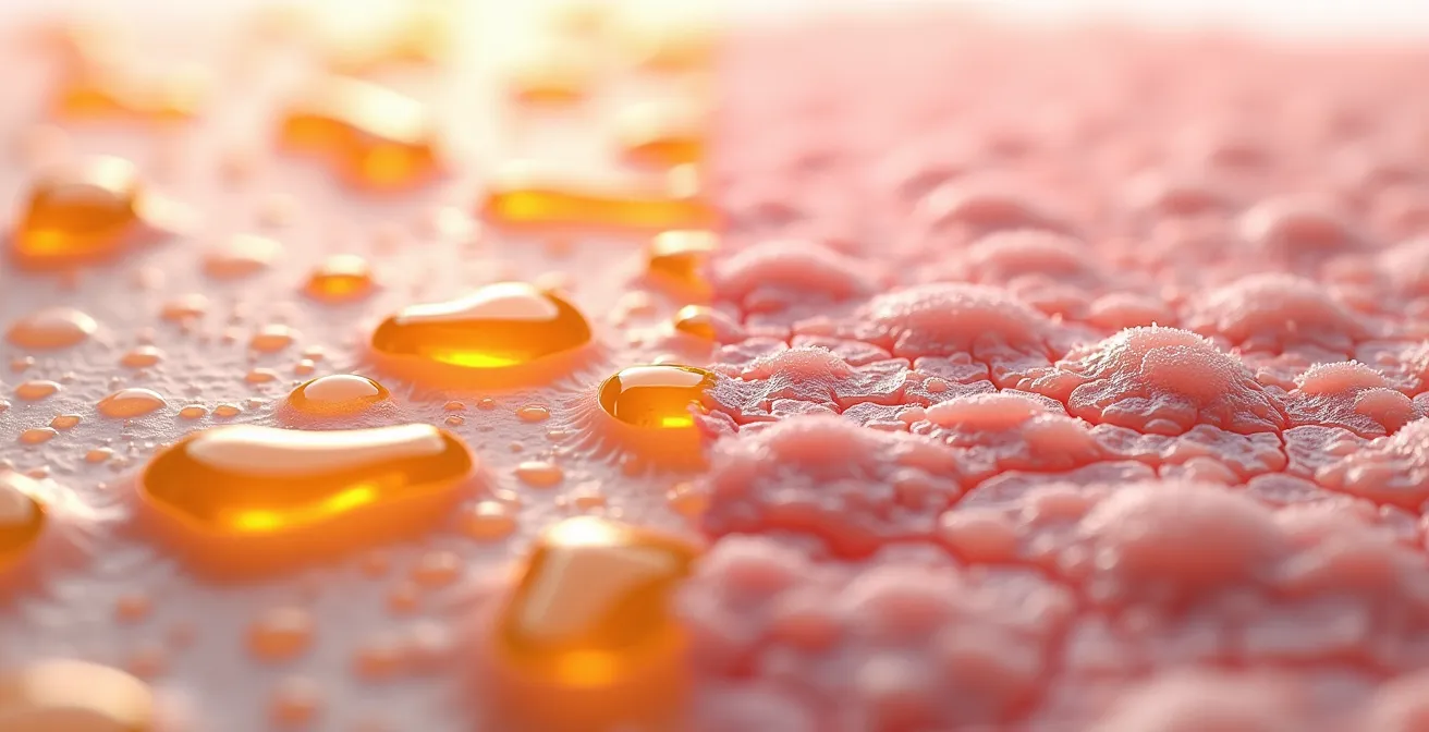 Comparación visual microscópica de piel tratada con limpieza suave versus limpieza agresiva