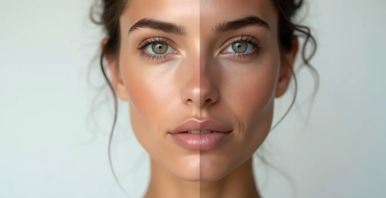 Comparación lado a lado de aplicación correcta e incorrecta del tono de BB cream