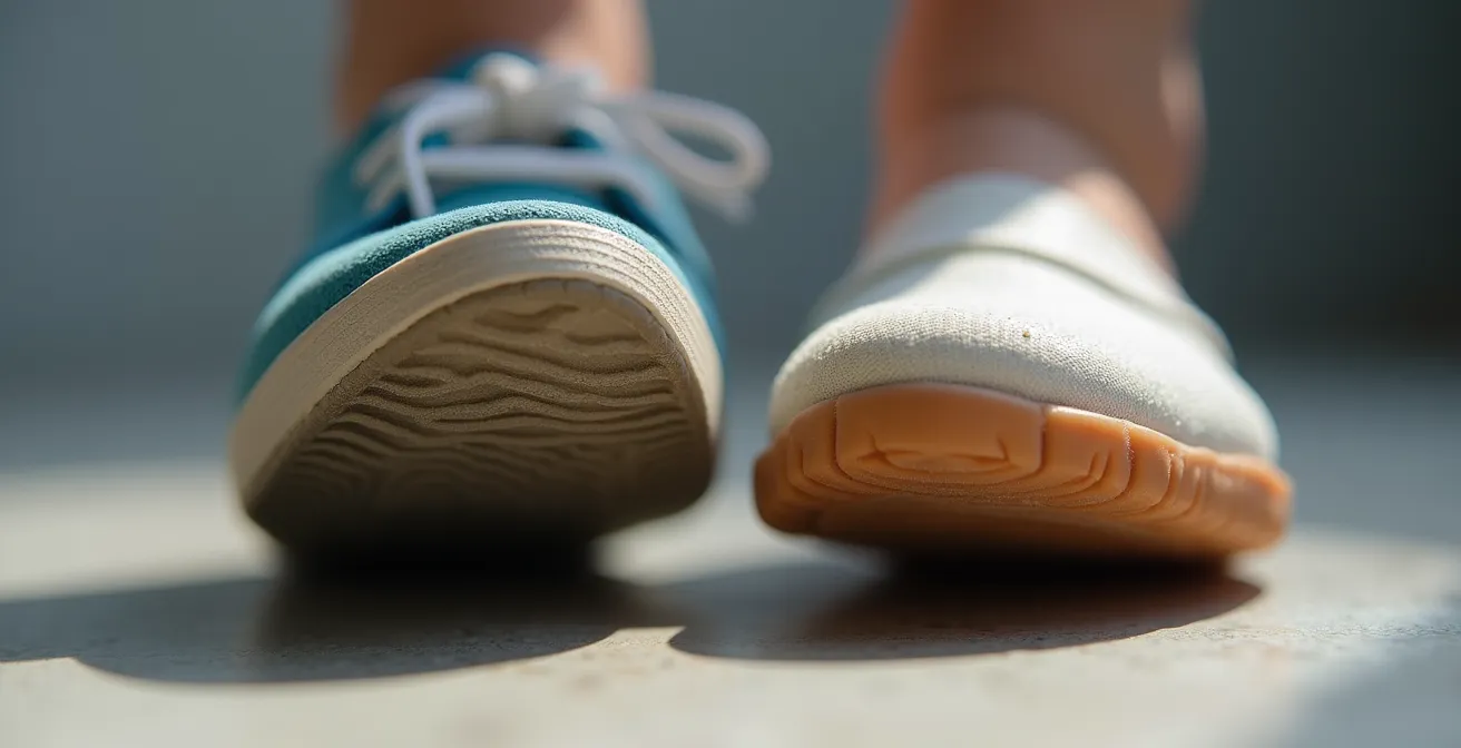 Comparación detallada entre zapato rígido escolar y calzado flexible mostrando la diferencia en la flexión