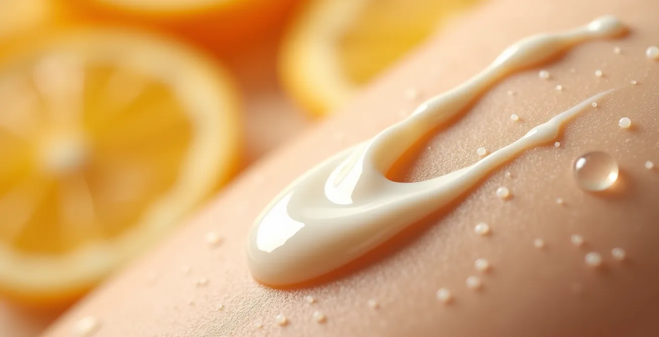 Textura cremosa de hidratante con gotas de esencia cítrica suspendidas