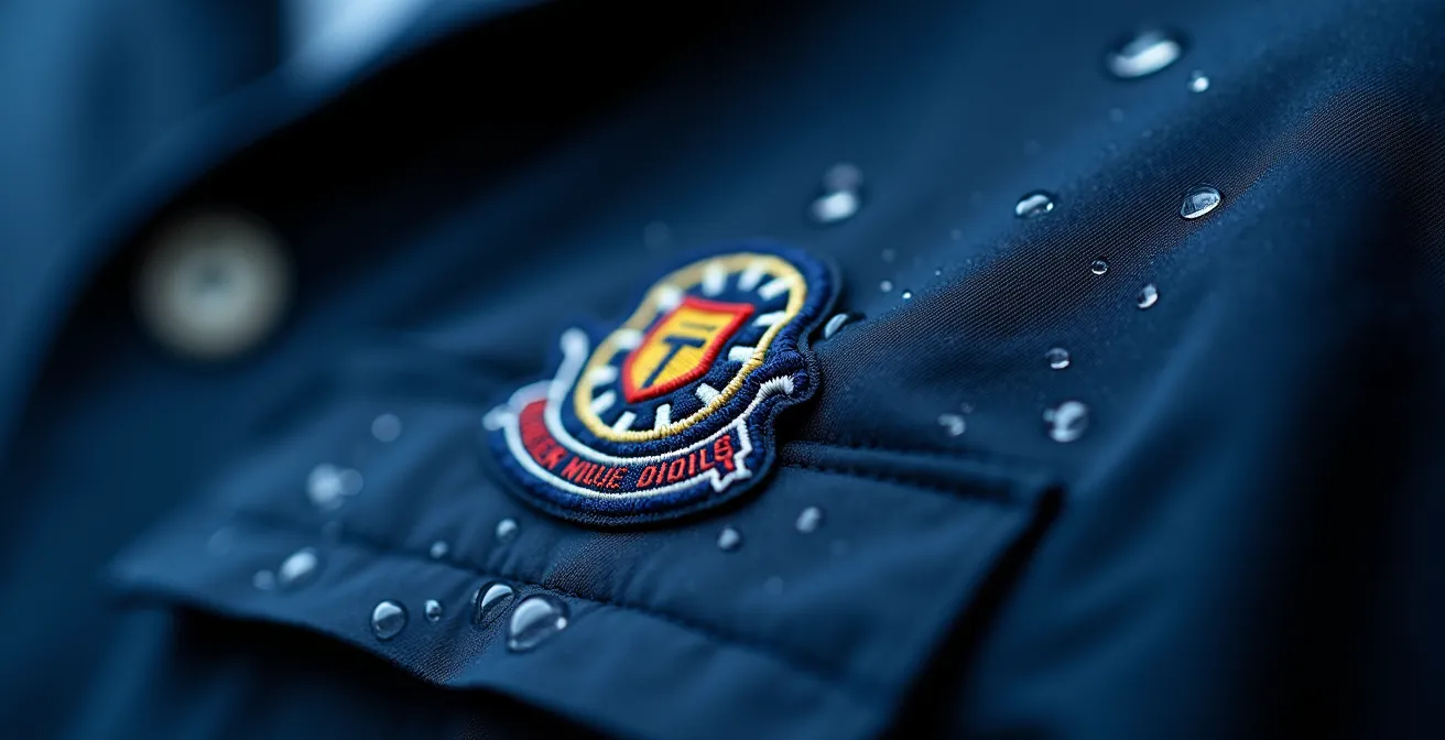 Detalle macro de gotas de agua sobre tejido impermeable de abrigo escolar