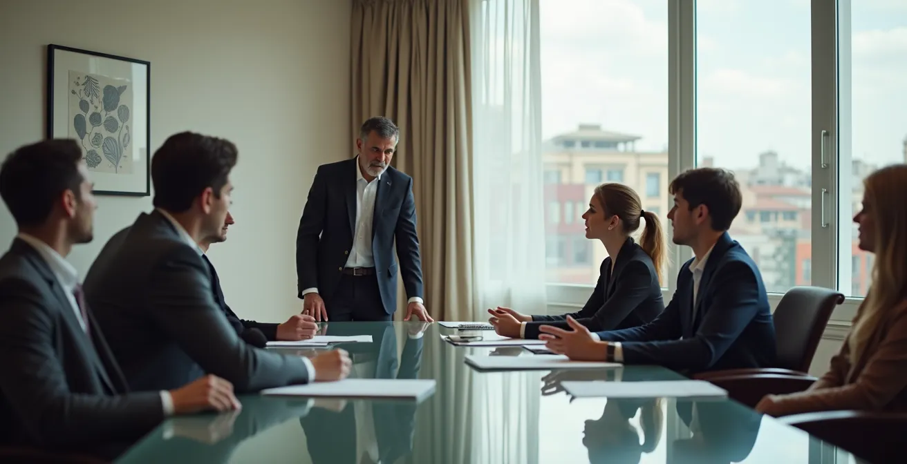 Ejecutivo discreto consultando reloj de pulsera durante reunión profesional