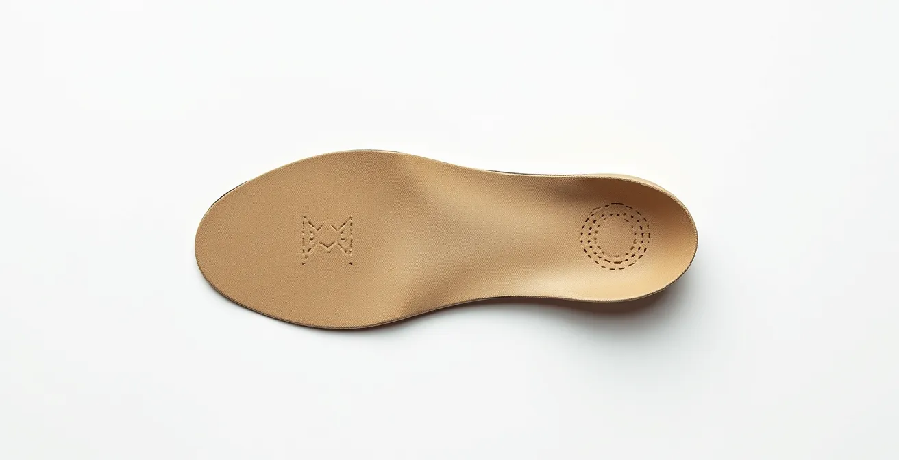 Vista detallada de una plantilla de zapato usada mostrando patrones de desgaste asimétricos