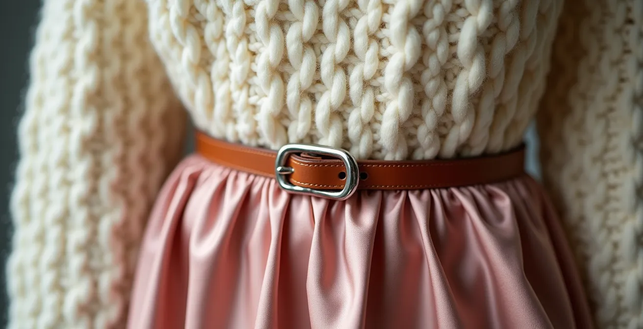 Detalle de cintura con jersey de lana sobre vestido satinado largo con técnica del cinturón invisible