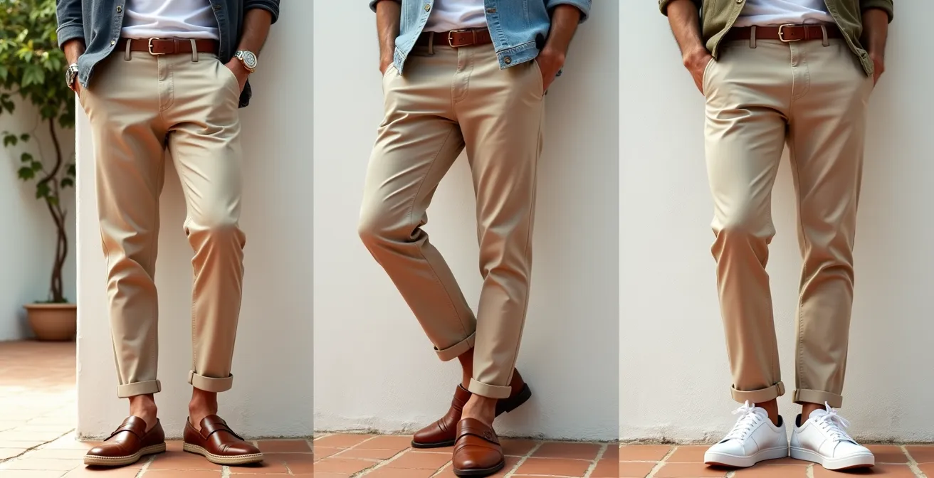 Demostración de diferentes largos de pantalón chino con distintos tipos de calzado español