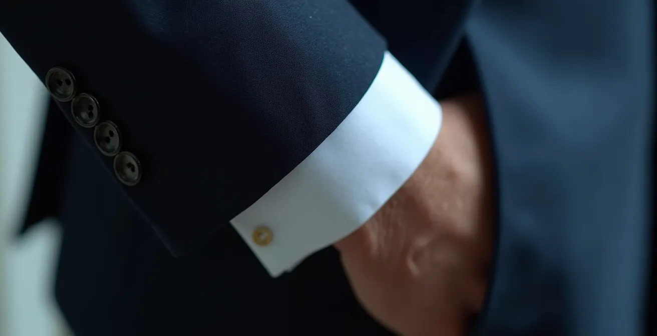 Detalle macro del largo perfecto de manga de blazer mostrando 1,5 cm de puño de camisa