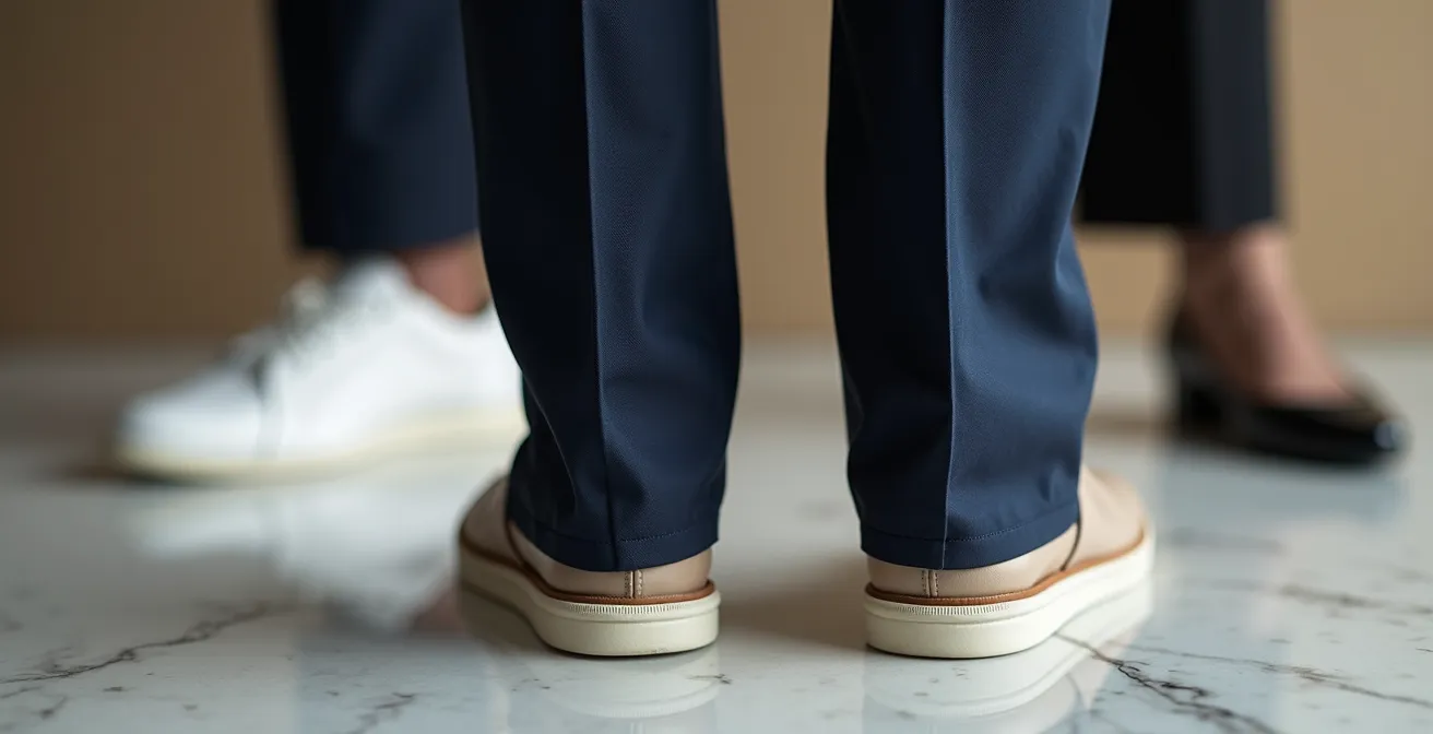 Detalle del largo de pantalón tobillero con diferentes tipos de calzado