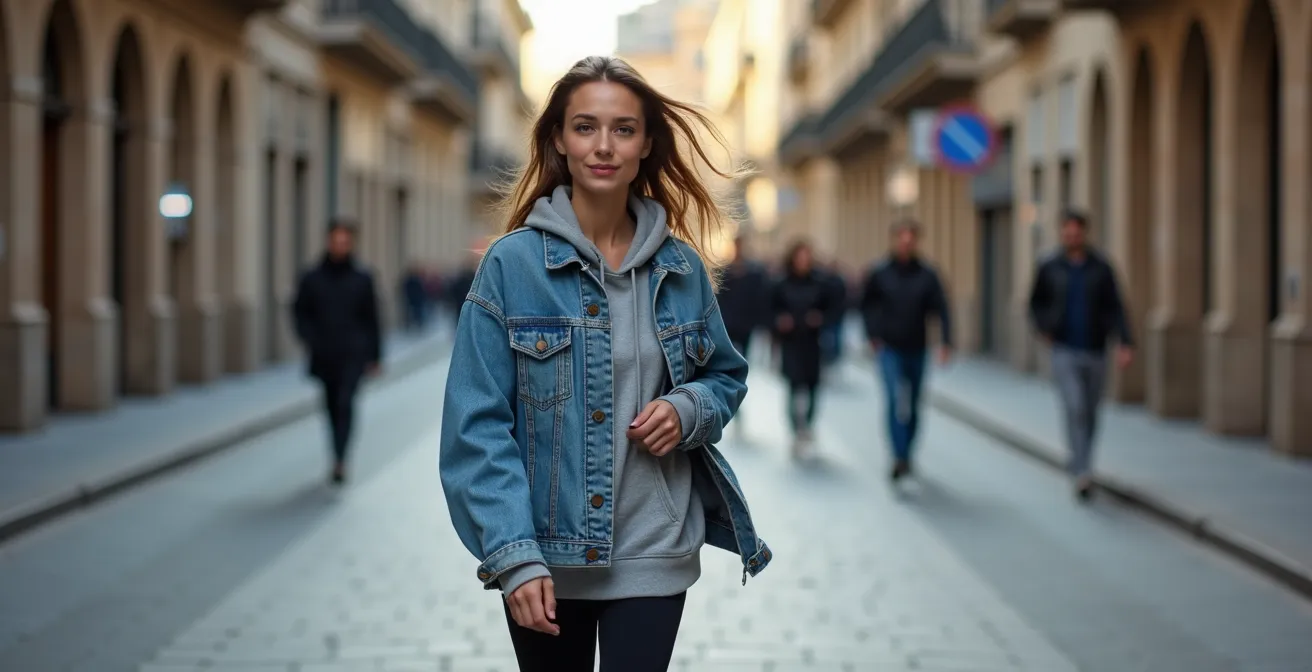 Combinación de chaqueta vaquera sobre sudadera oversize