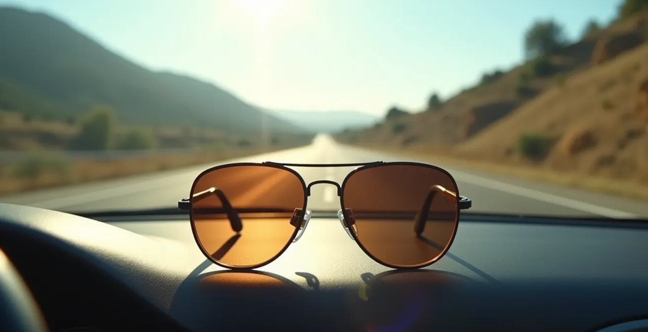 Vista desde el interior de un coche mostrando lentes degradadas con el paisaje español de fondo