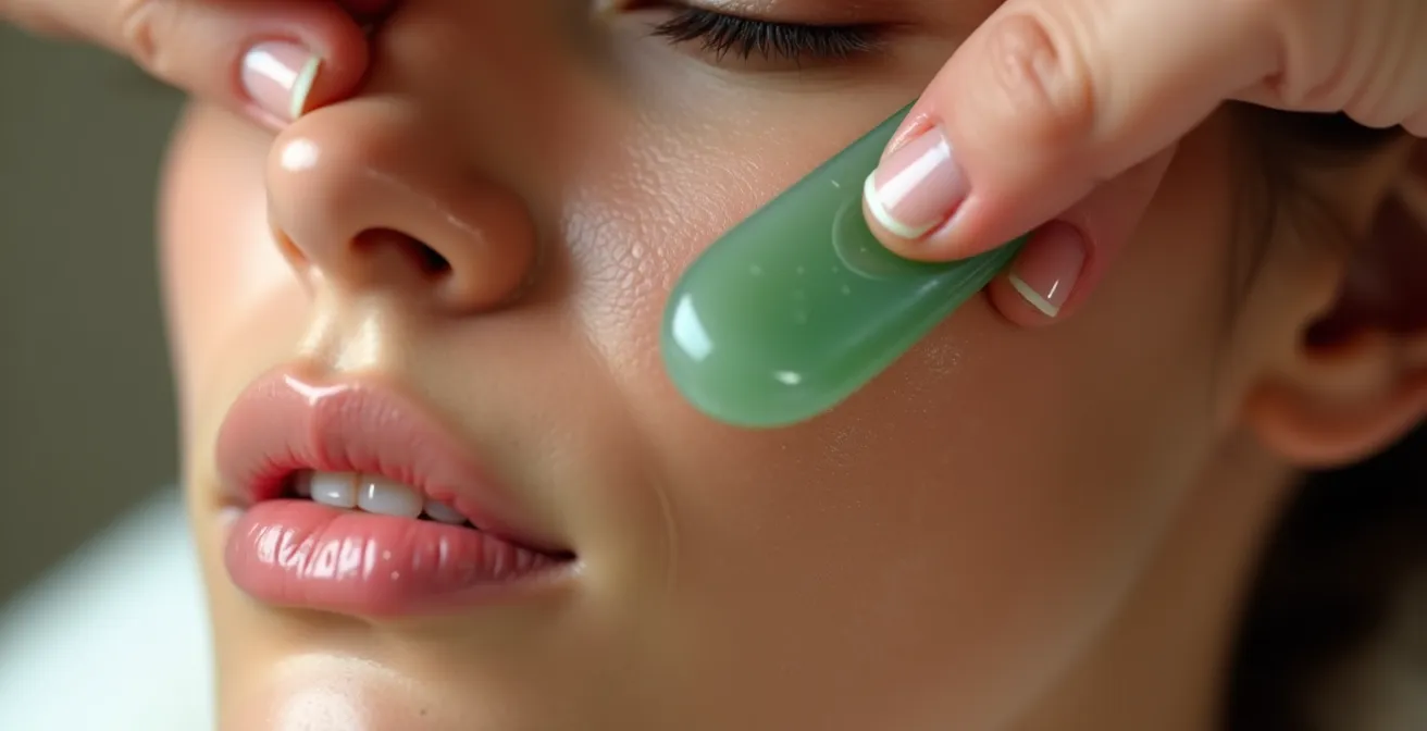 Manos realizando masaje de drenaje linfático con herramienta Gua Sha de jade