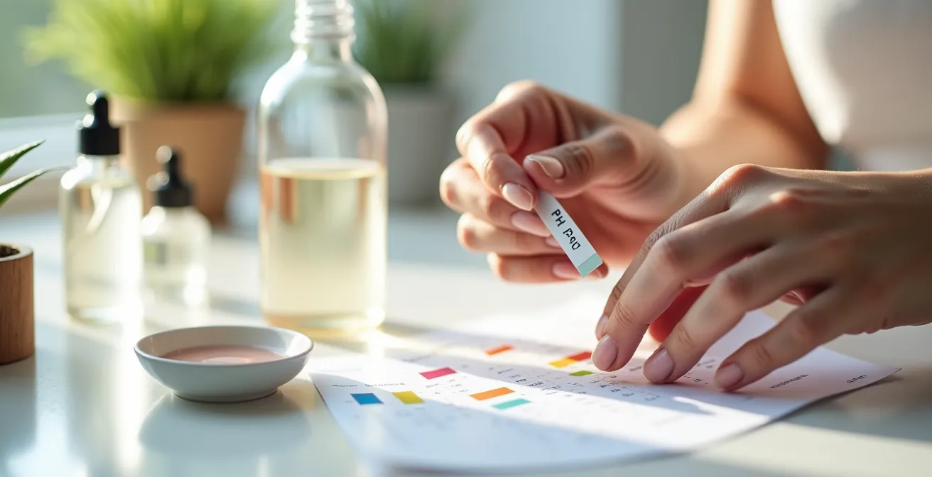 Manos midiendo el pH de un tónico facial casero con tiras reactivas sobre mesa de trabajo limpia
