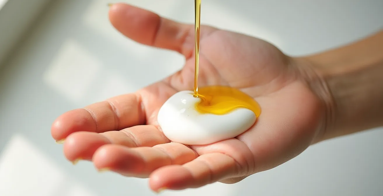 Proceso de mezcla de crema con aceite facial en la palma de la mano