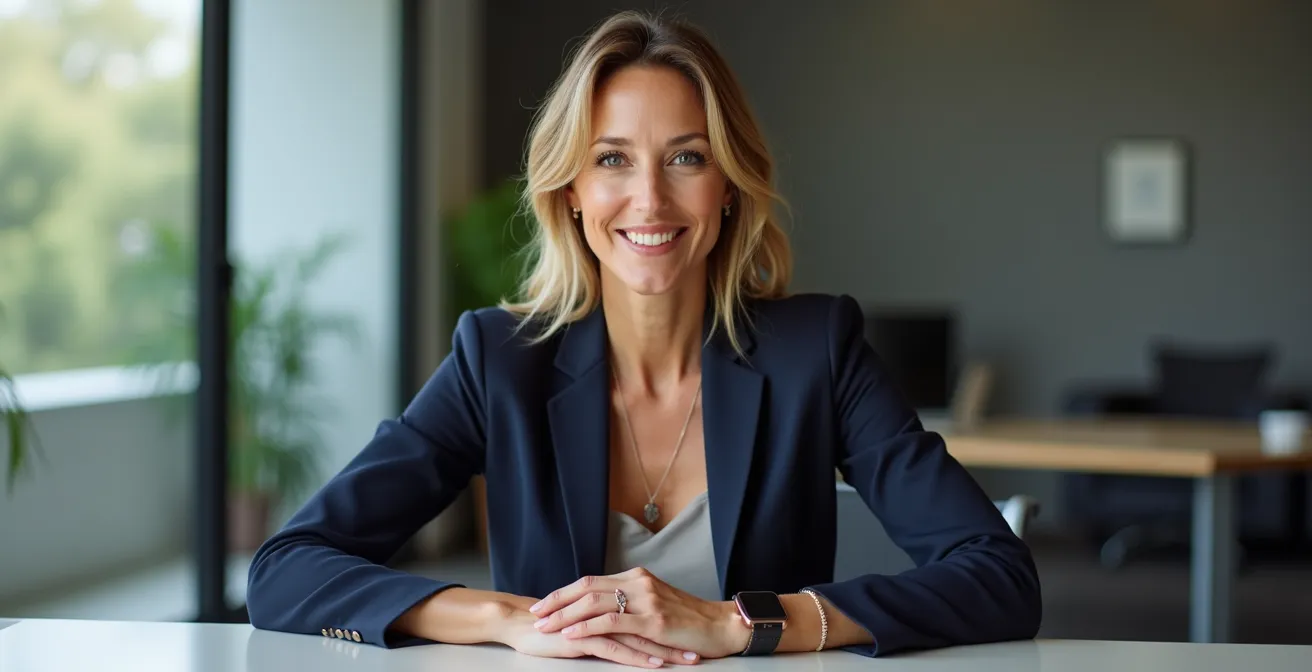 Mujer profesional en oficina moderna con accesorios en tonos marrones Mocha Mousse