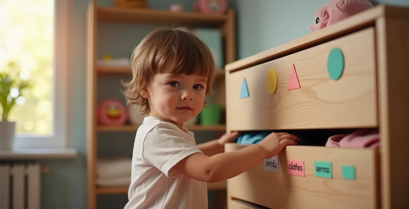 Armario infantil organizado con etiquetas de colores para diferentes tipos de ropa