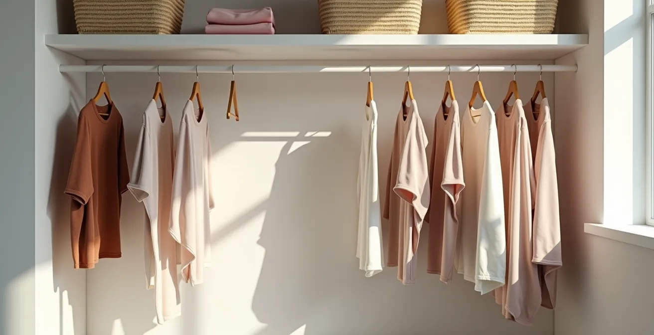 Armario organizado con prendas colgadas en perchas de madera y cajas de almacenaje