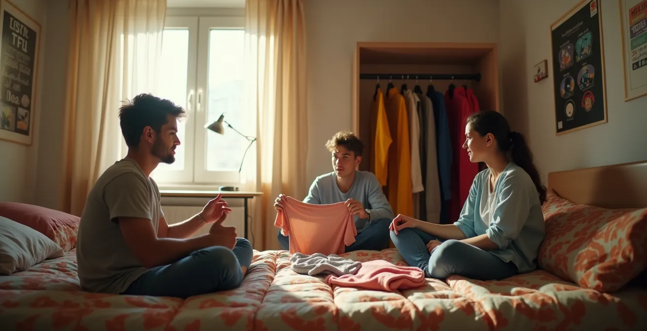 Padres conversando tranquilamente con hijo adolescente sobre elecciones de ropa en habitación juvenil