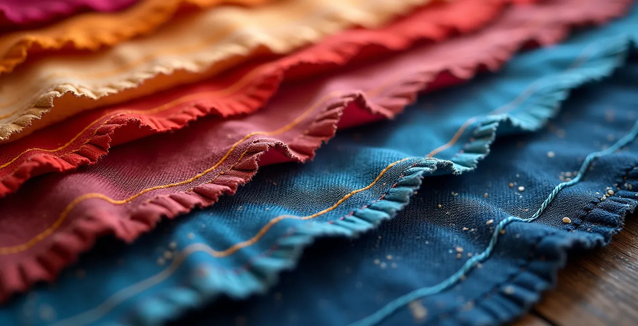 Collage artístico mostrando la transición de colores vibrantes a texturas de ropa