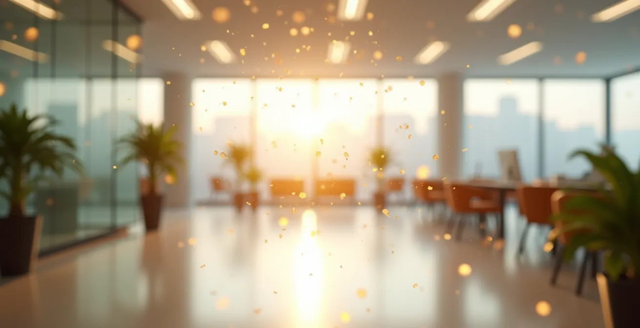 Ambiente de oficina moderna con sutiles partículas aromáticas flotando en el espacio