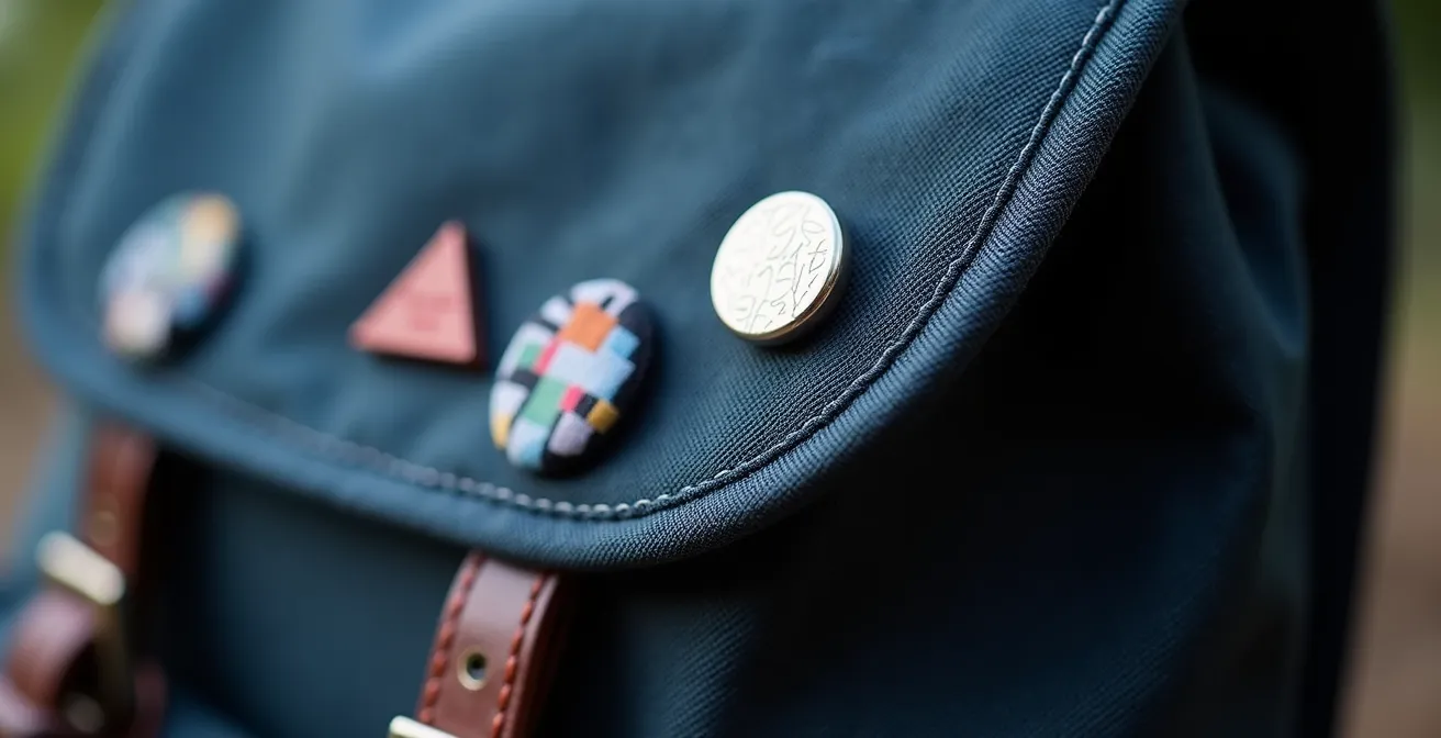 Detalle macro de una mochila escolar con pins de festivales españoles y parches creativos