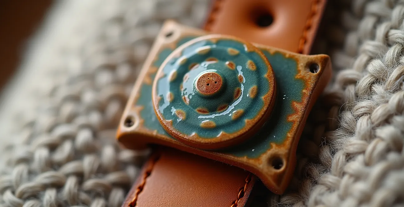 Detalle macro de accesorio artesanal español sobre tejido neutro