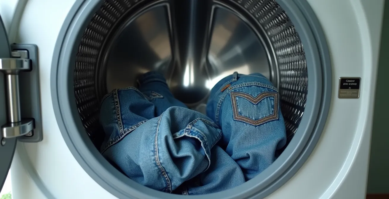 Vista interior de lavadora con vaqueros customizados y configuración de lavado delicado