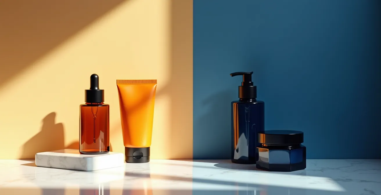 Mesa de tocador dividida visualmente en dos ambientes día y noche con productos de skincare sin etiquetas