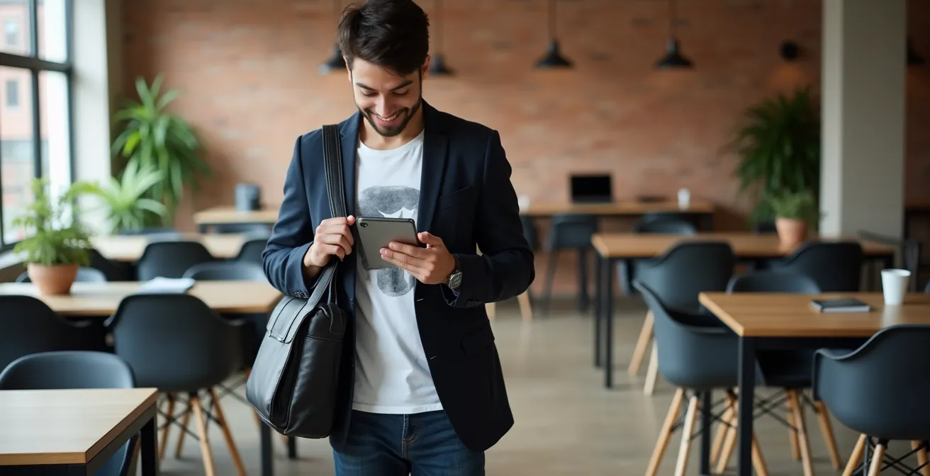 Profesional en espacio coworking moderno con look smart casual equilibrado