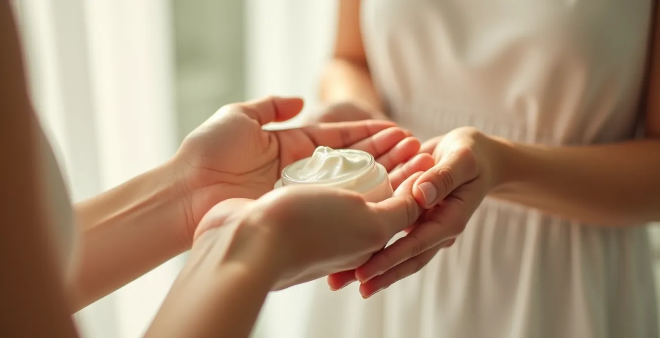 Manos calentando crema facial para mejorar su absorción