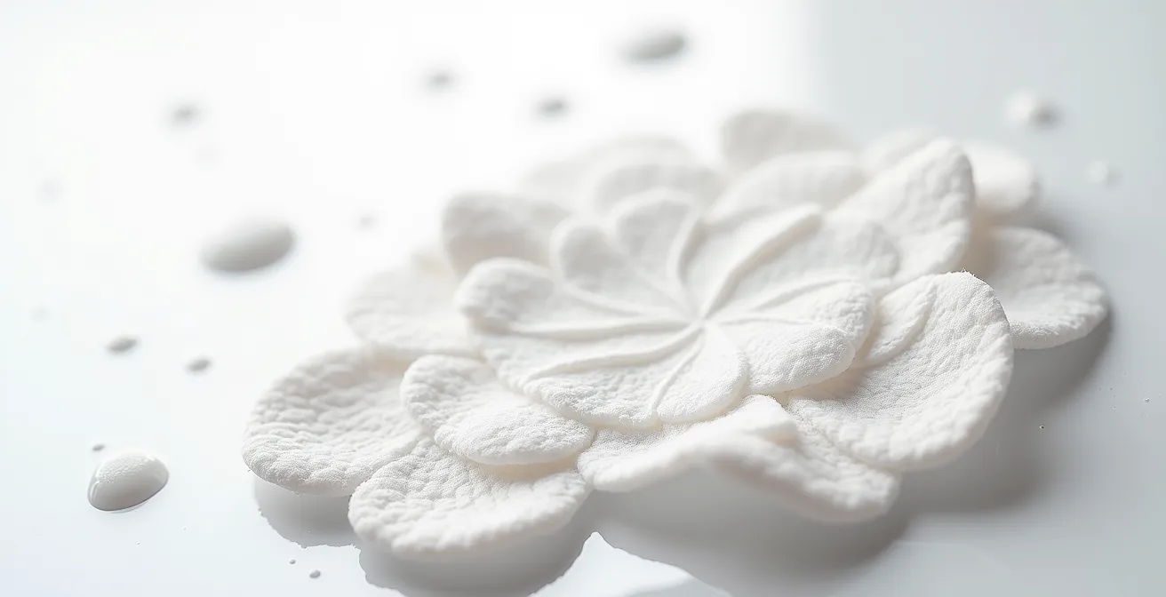 Técnica profesional de desmaquillado con producto bifásico y algodón