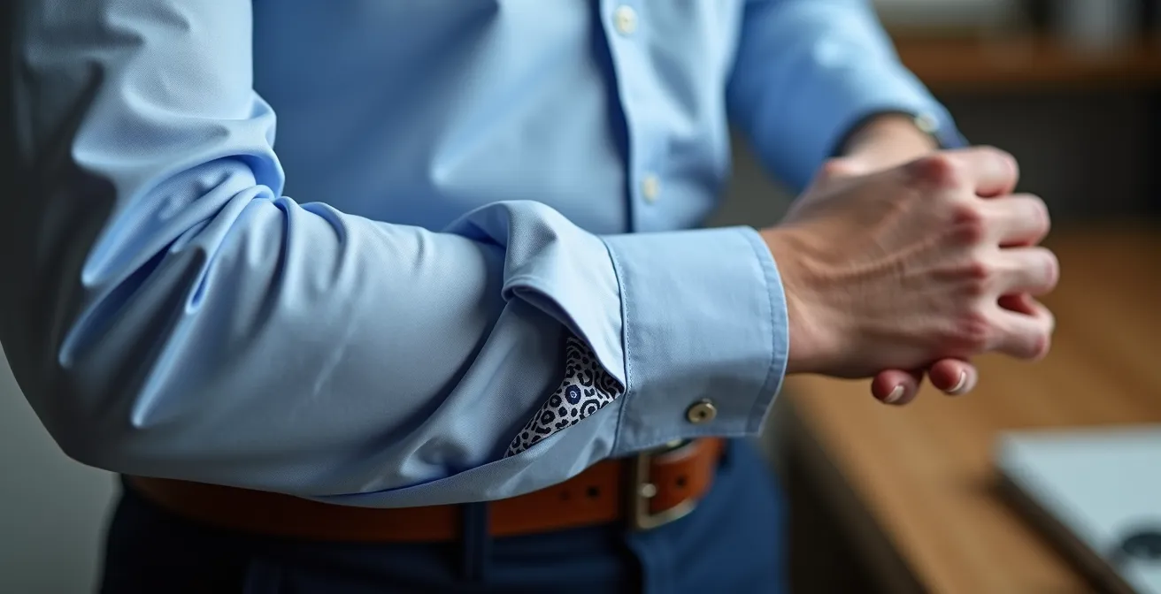 Detalle macro de manga de camisa con remangado italiano mostrando forro de contraste