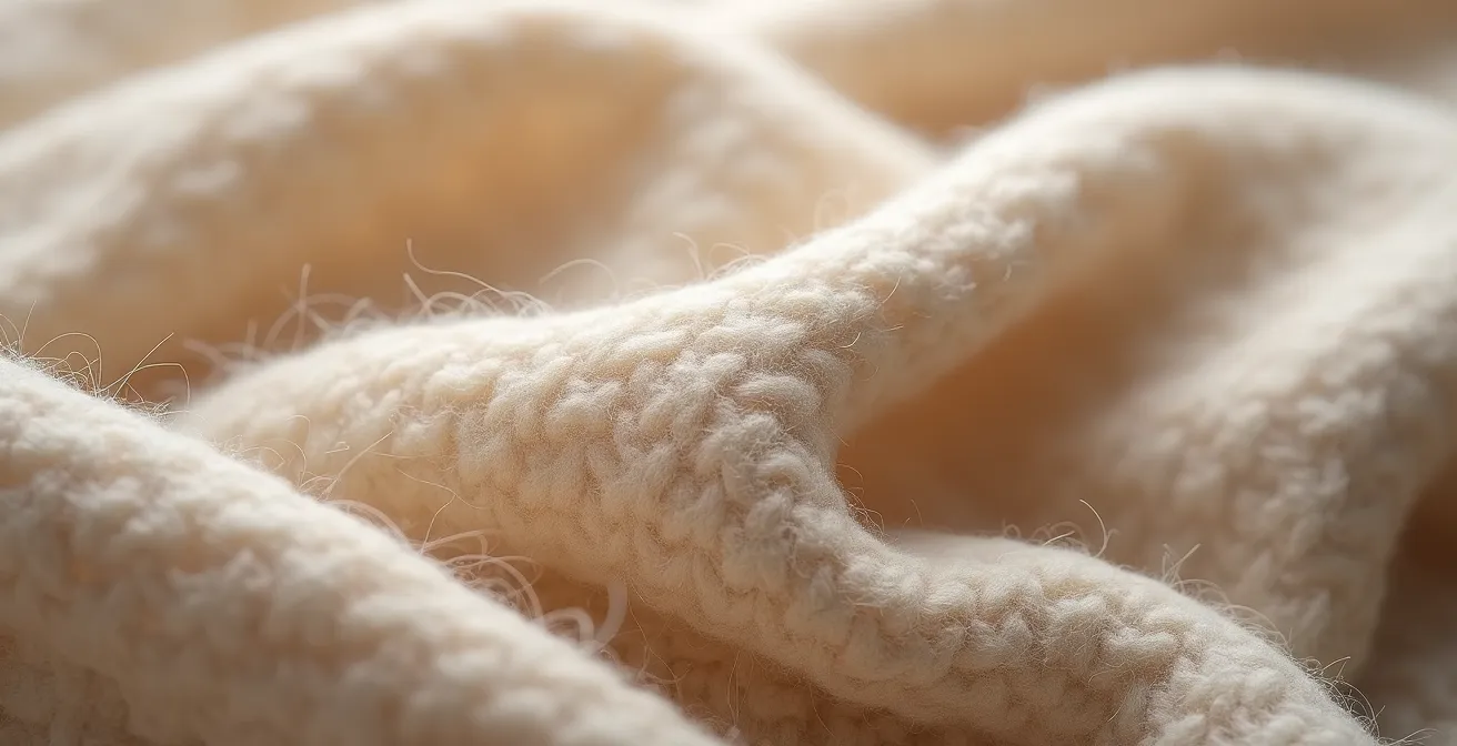 Detalle de tejido de lana de alta torsión resistente a arrugas en tonos neutros