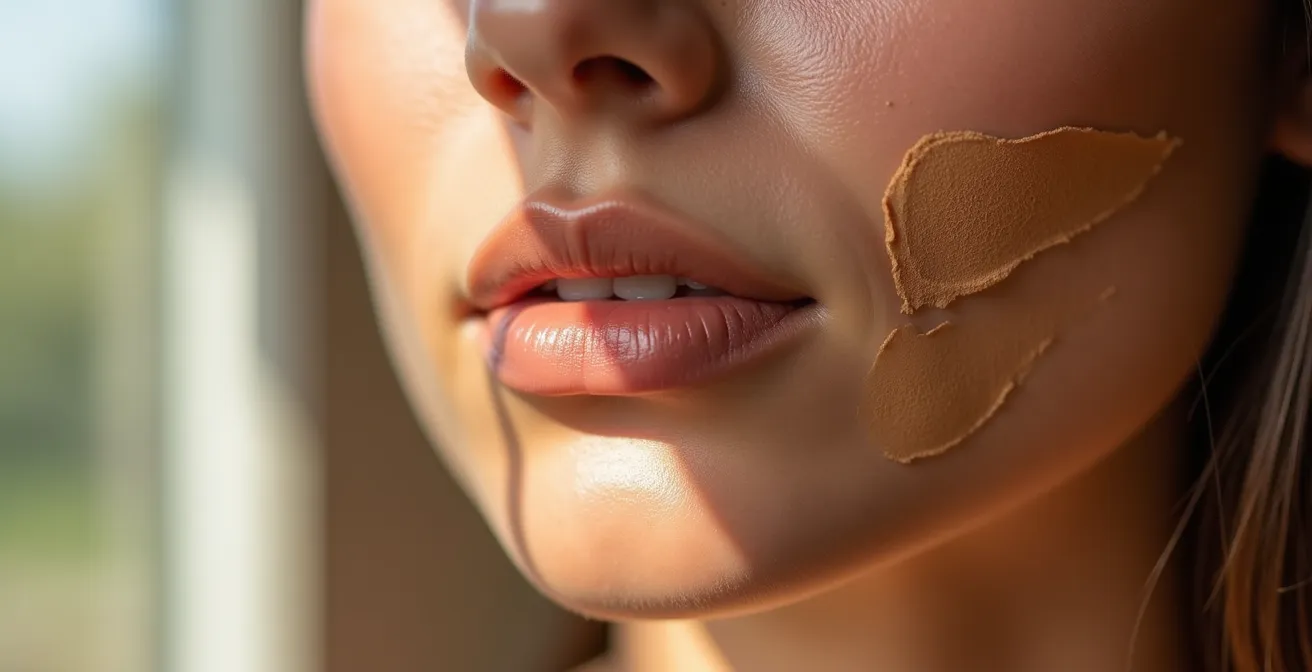 Prueba de base de maquillaje en la línea de la mandíbula bajo luz natural