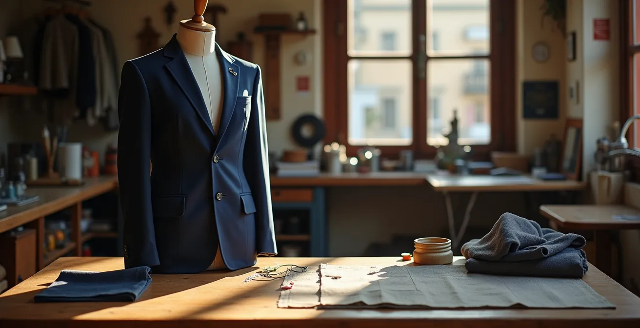 Vista amplia de taller de sastrería español con prendas en proceso de ajuste