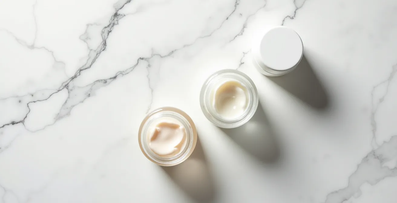 Vista cenital de tres productos de skincare sobre mármol blanco con hojas de eucalipto