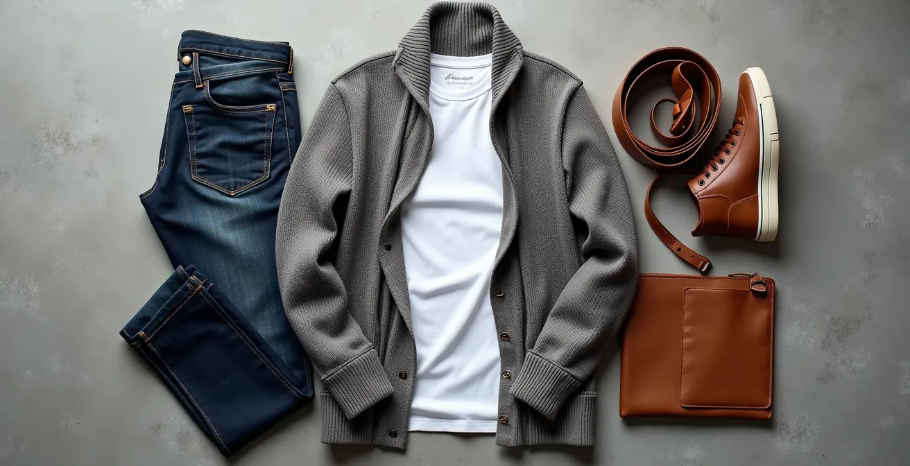 Composición de prendas casuales masculinas con accesorios de calidad