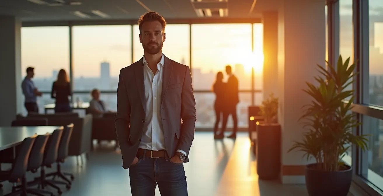Profesional con atuendo casual elegante en oficina moderna española un viernes