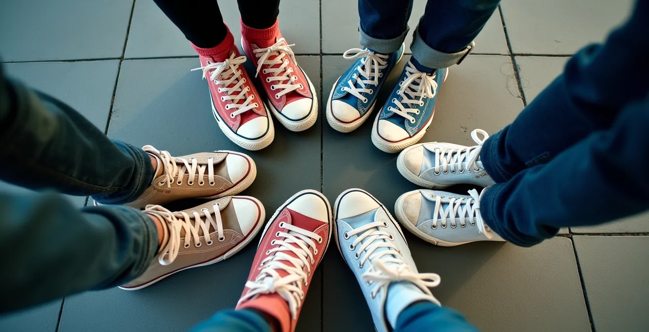 Grupo de adolescentes mostrando diferentes estilos de zapatillas en patio de instituto español